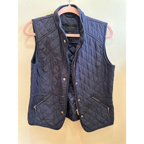 ZARA Basic Navy Blue Quilted Vest With Gold Zipper and Buttons Size Medium - Picture 1 of 5